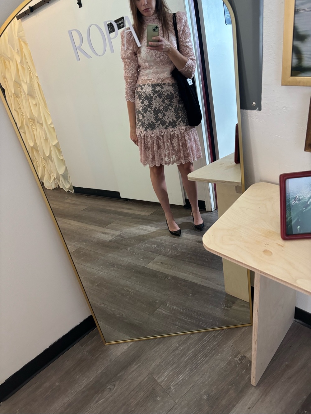 Lace Puff-Sleeve Midi Dress in Blush Pink